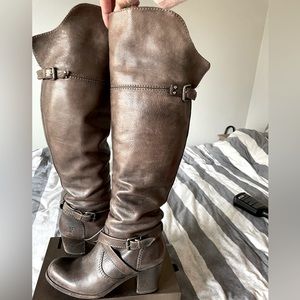 Frye grey brown over the knee boot.  100% leather
